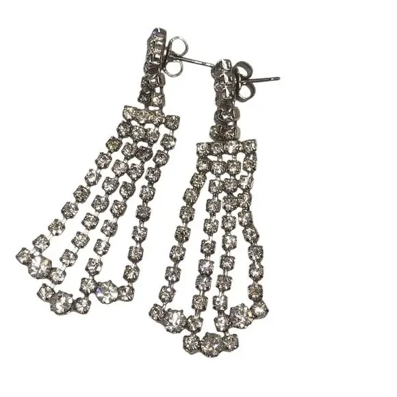 90's Vintage Rhinestone Dangle Drop Chandelier Earrings Silver Tone Post Style - Picture 8 of 16